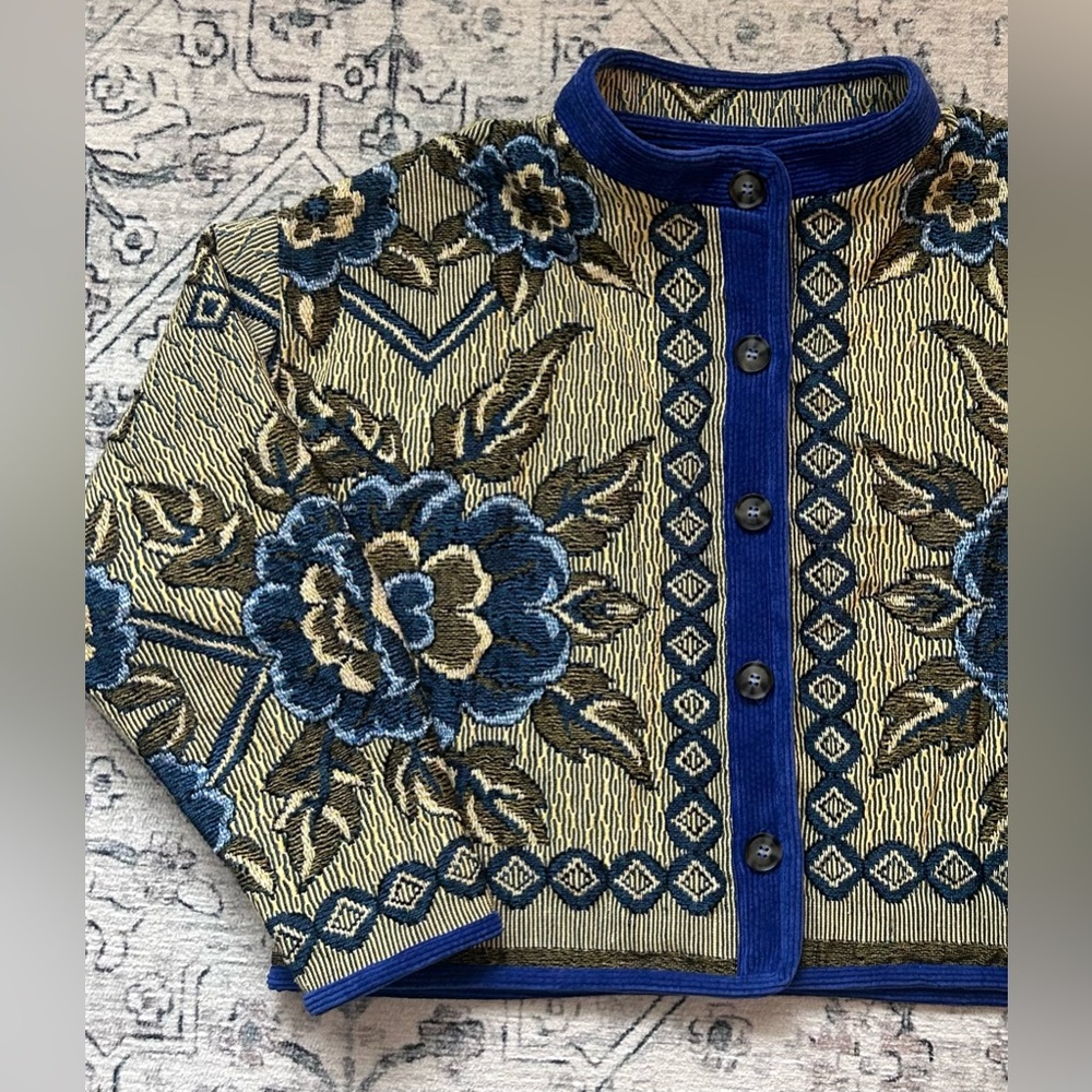 Handmade Upcycled Tapestry Blanket Jacket with Corduroy and Buttons